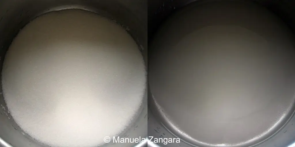 Sugar dissolving and melting in a pot to start the caramel base.