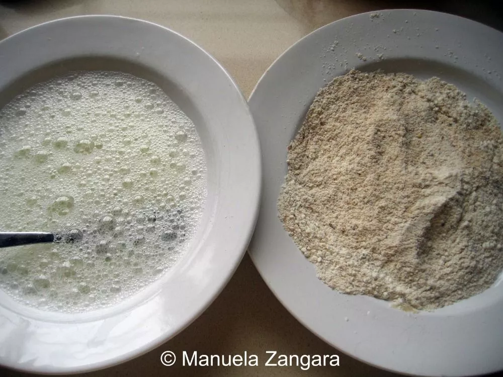 IMG_1561 Egg whites and breadcrumb mixture in separate bowls.