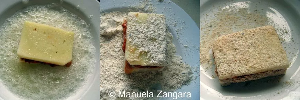 Collage 2 Crostini being prepared by layering meat sauce and cheese, then coating with egg whites, flour, and breadcrumbs.