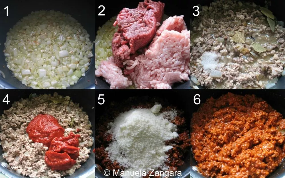 Post47 A collage showing the steps for preparing meat sauce crostini: cooking the meat sauce, assembling the ingredients, and frying the crostini.