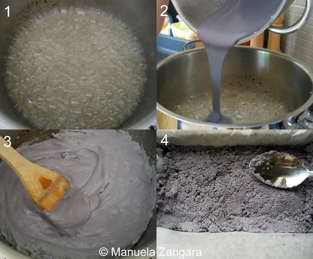 Sequence showing caramel bubbling, icing mixture being added, stirred to combine, and pressed into a tin.