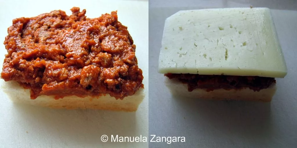 Collage 1 A slice of bread topped with rich meat sauce and cheese.