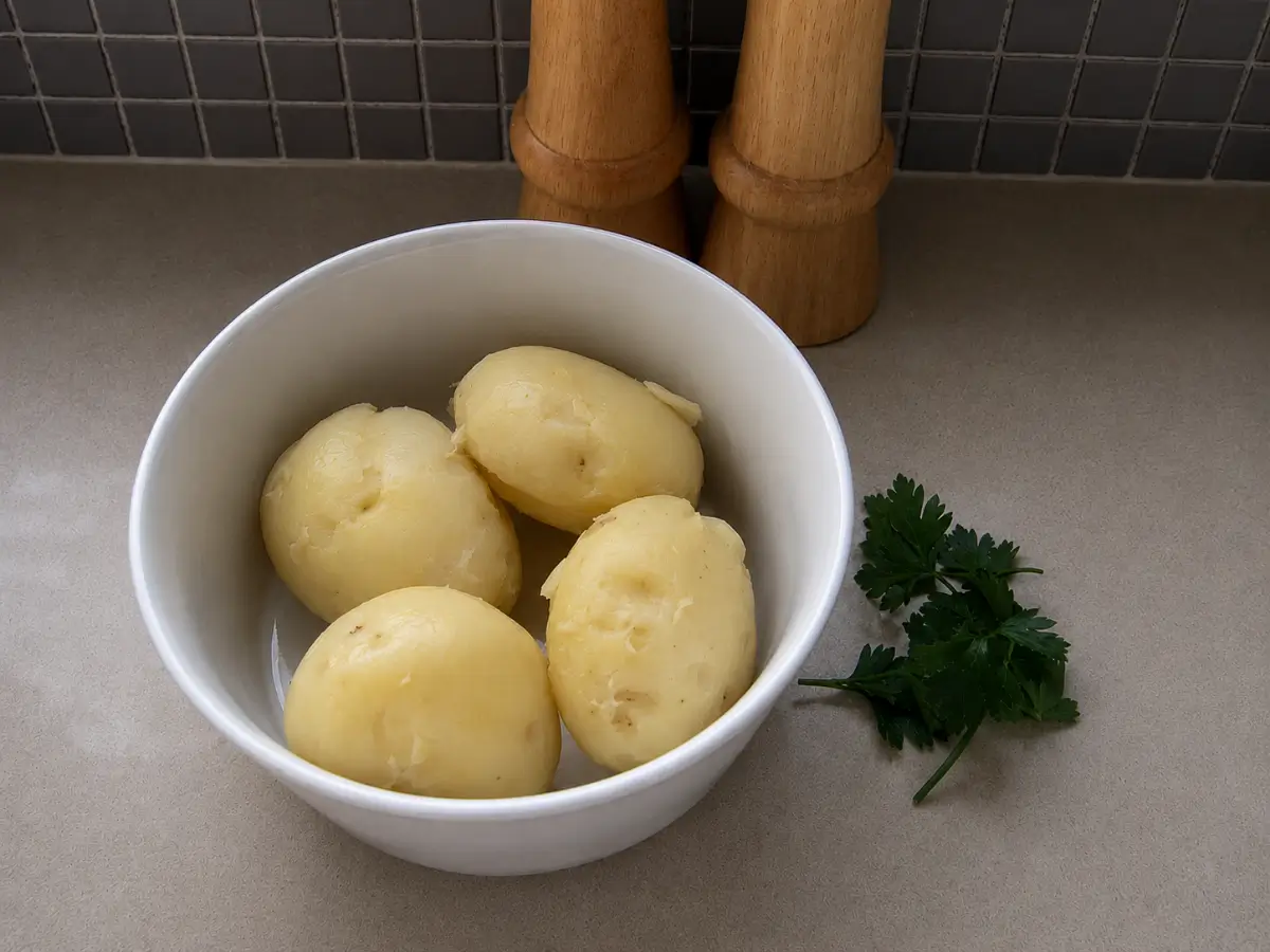 Peeled potatoes resting in a bowl beside fresh parsley before mashing.