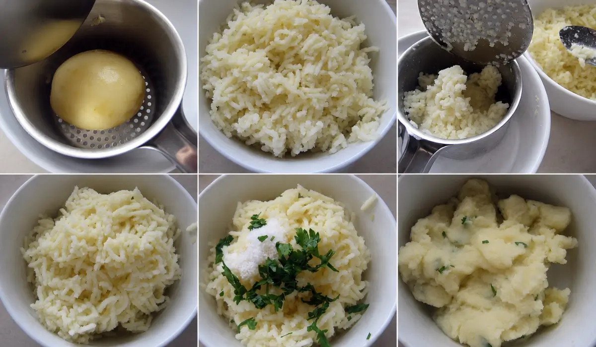 Potato croquette mixture being pressed through a potato ricer and mixed with parsley and salt.
