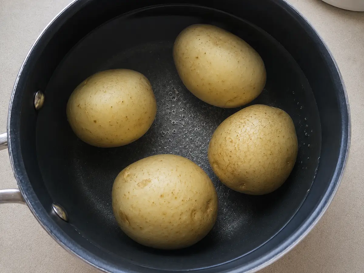 Whole potatoes boiling in salted water with their skins on.