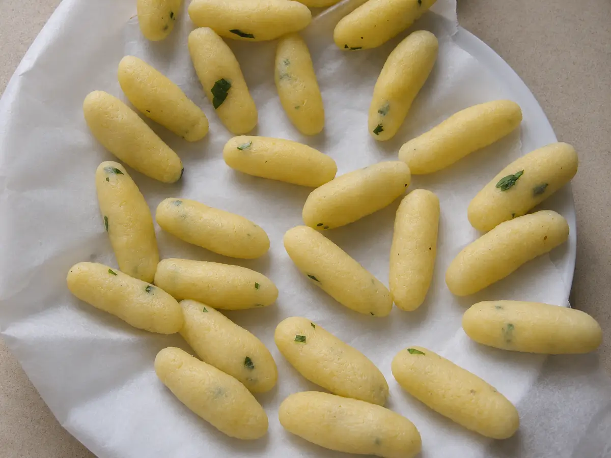 Shaped Sicilian potato croquettes with parsley resting on baking paper before chilling.