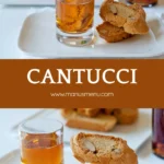 Cantucci slices stacked on a plate beside a small glass of sweet dessert wine.