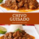 Chivo Guisado served with white rice and lime on a plate.