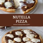 Nutella Pizza topped with whipped cream and toasted hazelnuts on a plate.