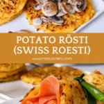 Potato rösti served with creamy mushroom ragout alongside a smoked salmon rösti wrap.