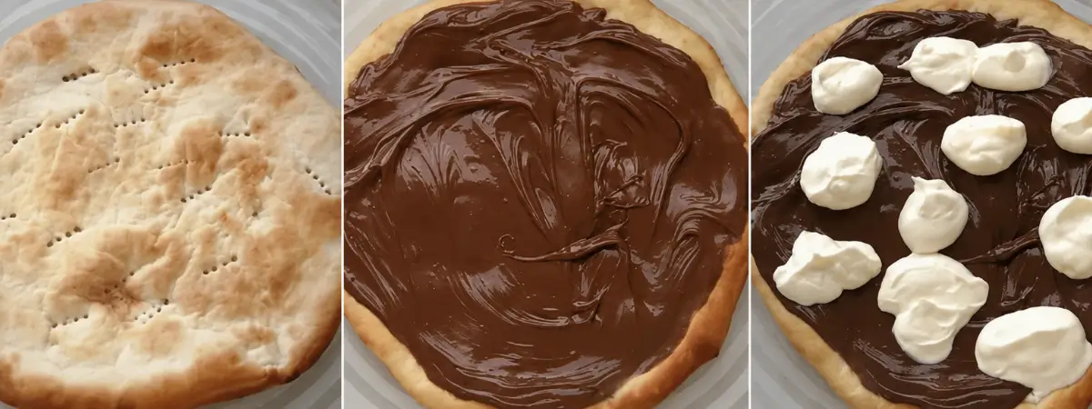 Baked pizza base spread with Nutella and topped with whipped cream.