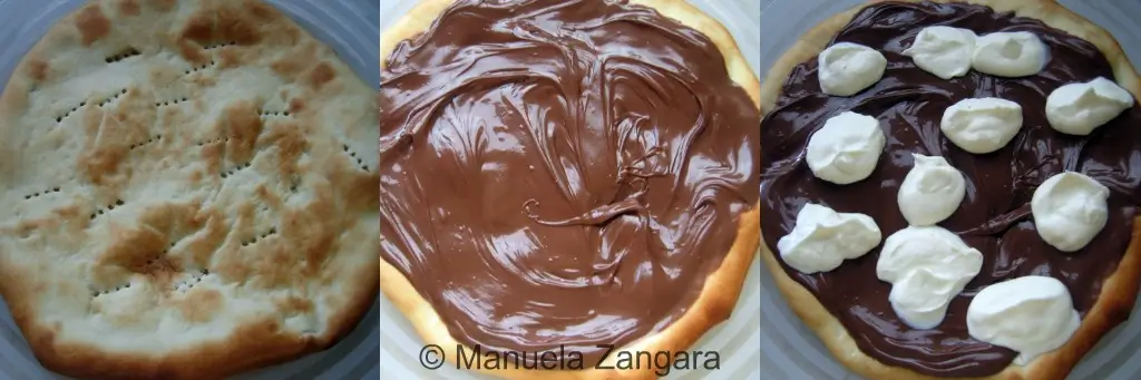 Baked pizza base shown plain and then spread with chocolate hazelnut spread.