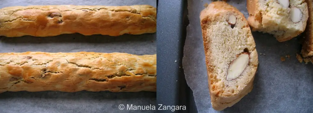 Baked Cantucci logs shown next to freshly sliced biscuits on a baking tray.