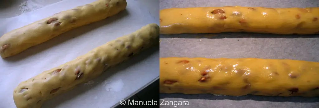 Cantucci dough rolled into logs and brushed with egg before baking.