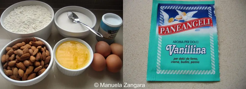 Cantucci ingredients arranged on a counter.