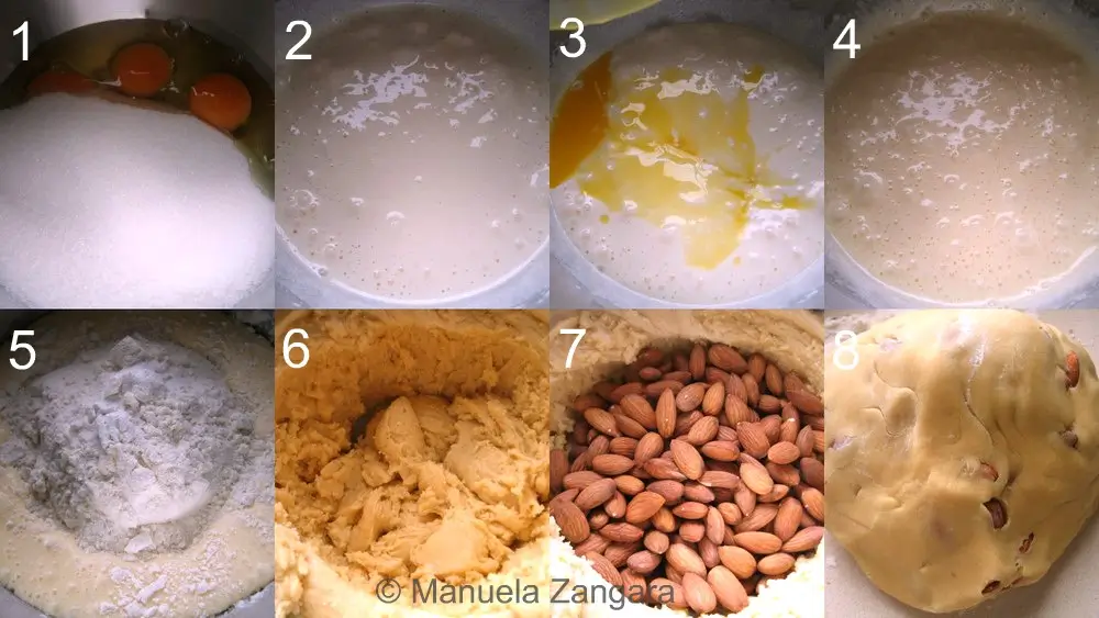 Collage of mixing, adding almonds, forming the dough, and shaping it into a ball.