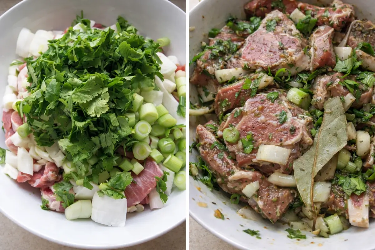 Chopped coriander, spring onions, and onions mixed with goat meat.