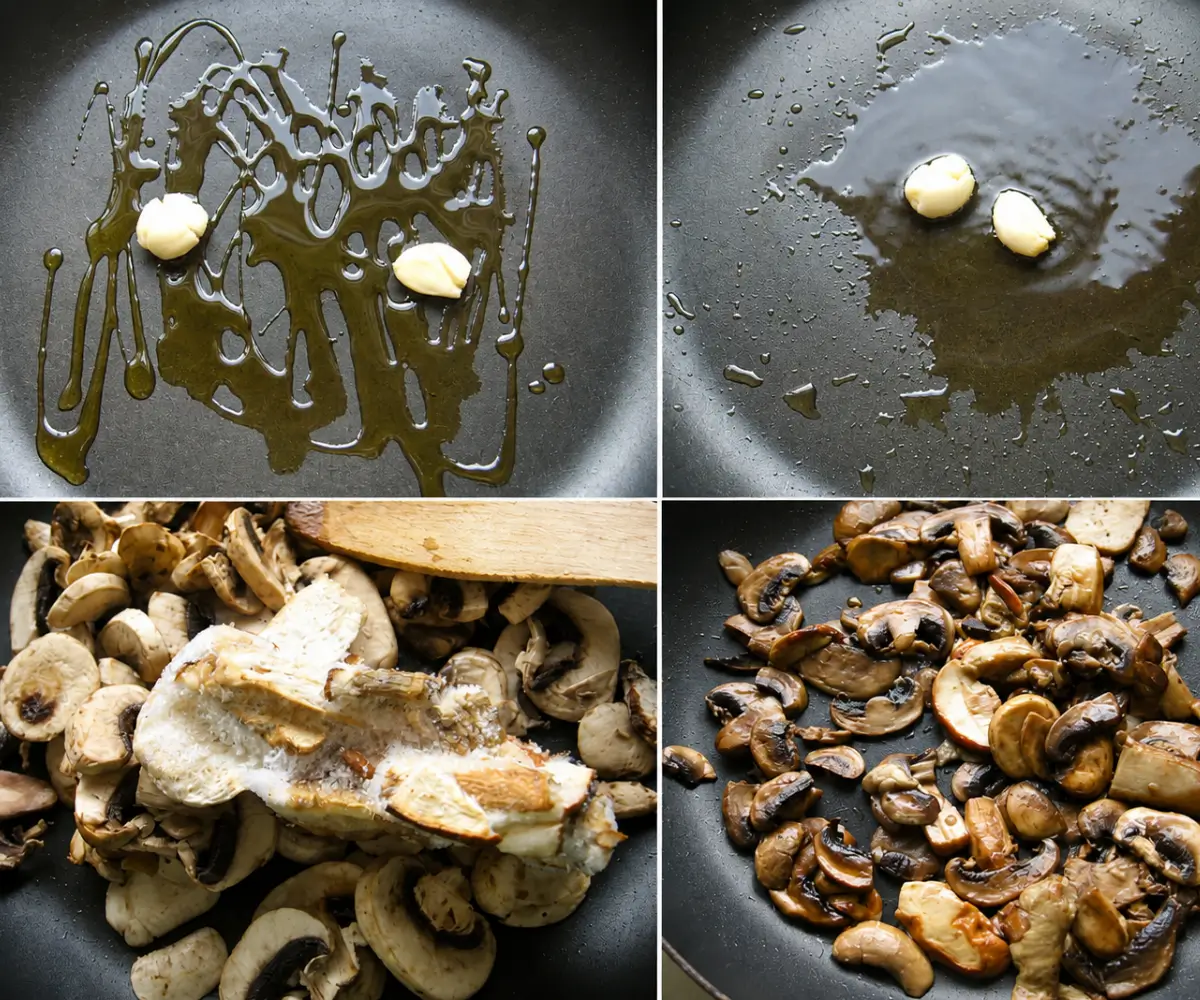 Garlic, olive oil, and mixed mushrooms cooking in a frying pan until softened and lightly browned.