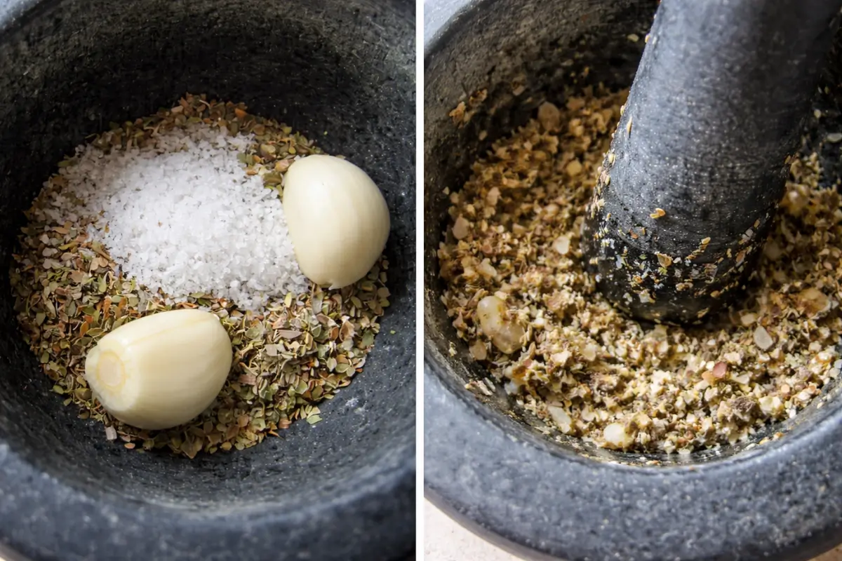 Garlic, oregano, and salt crushed into a coarse paste in a mortar.