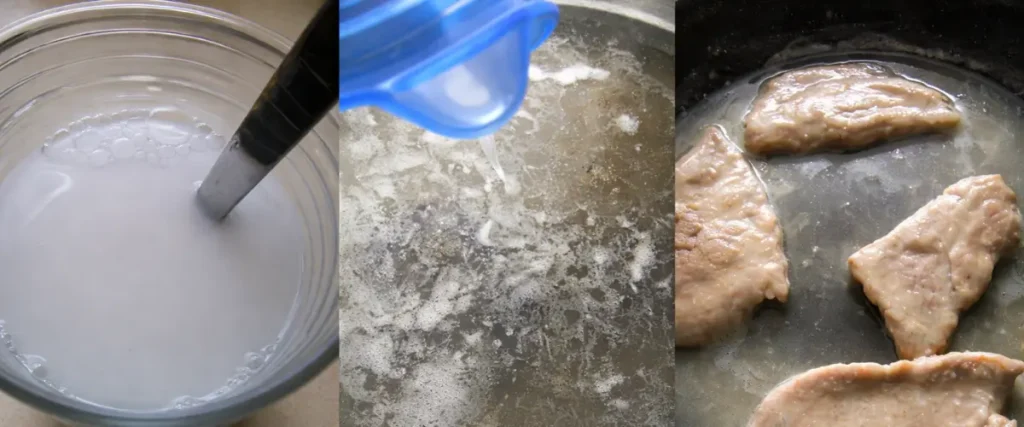 Cornstarch mixture, lemon juice being added to the pan, and veal cooking as the sauce thickens.
