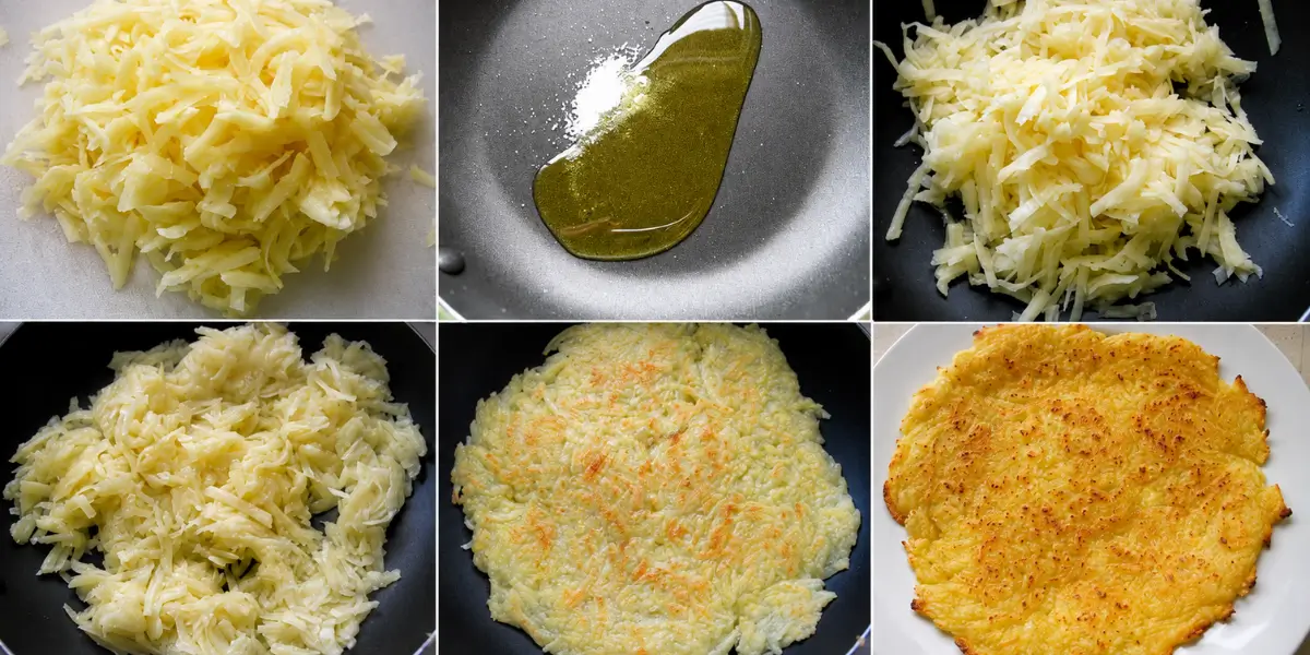 Grated potatoes cooking in stages until the rösti becomes golden and crisp.