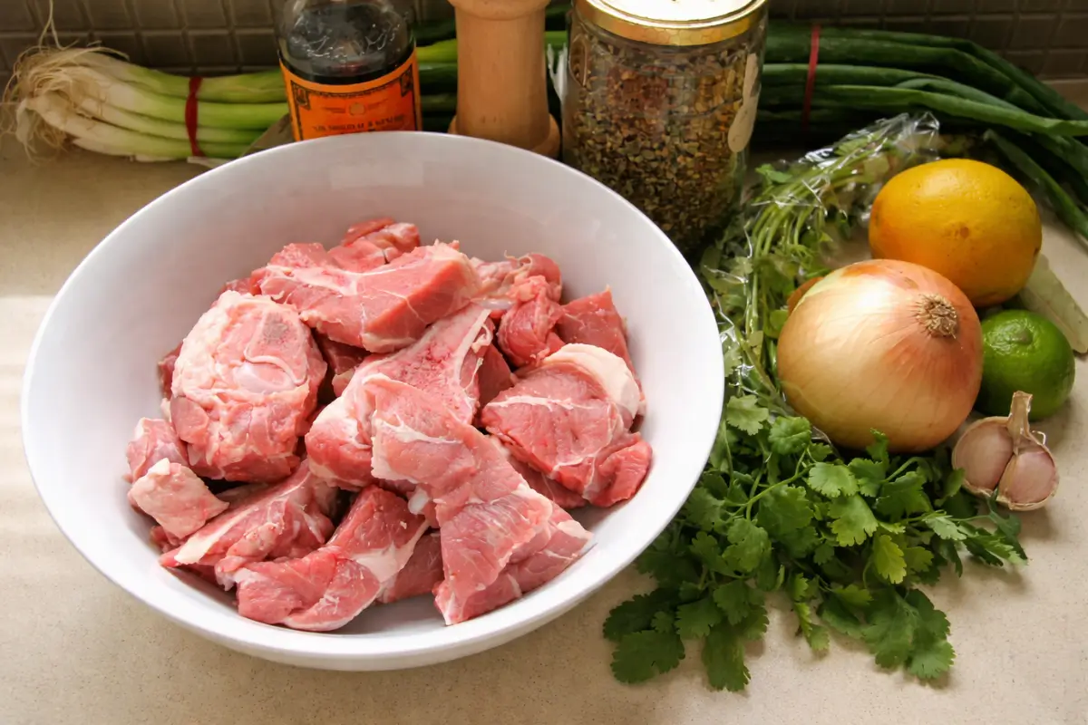 Raw goat meat with fresh herbs, citrus, and onions prepared for marinade.