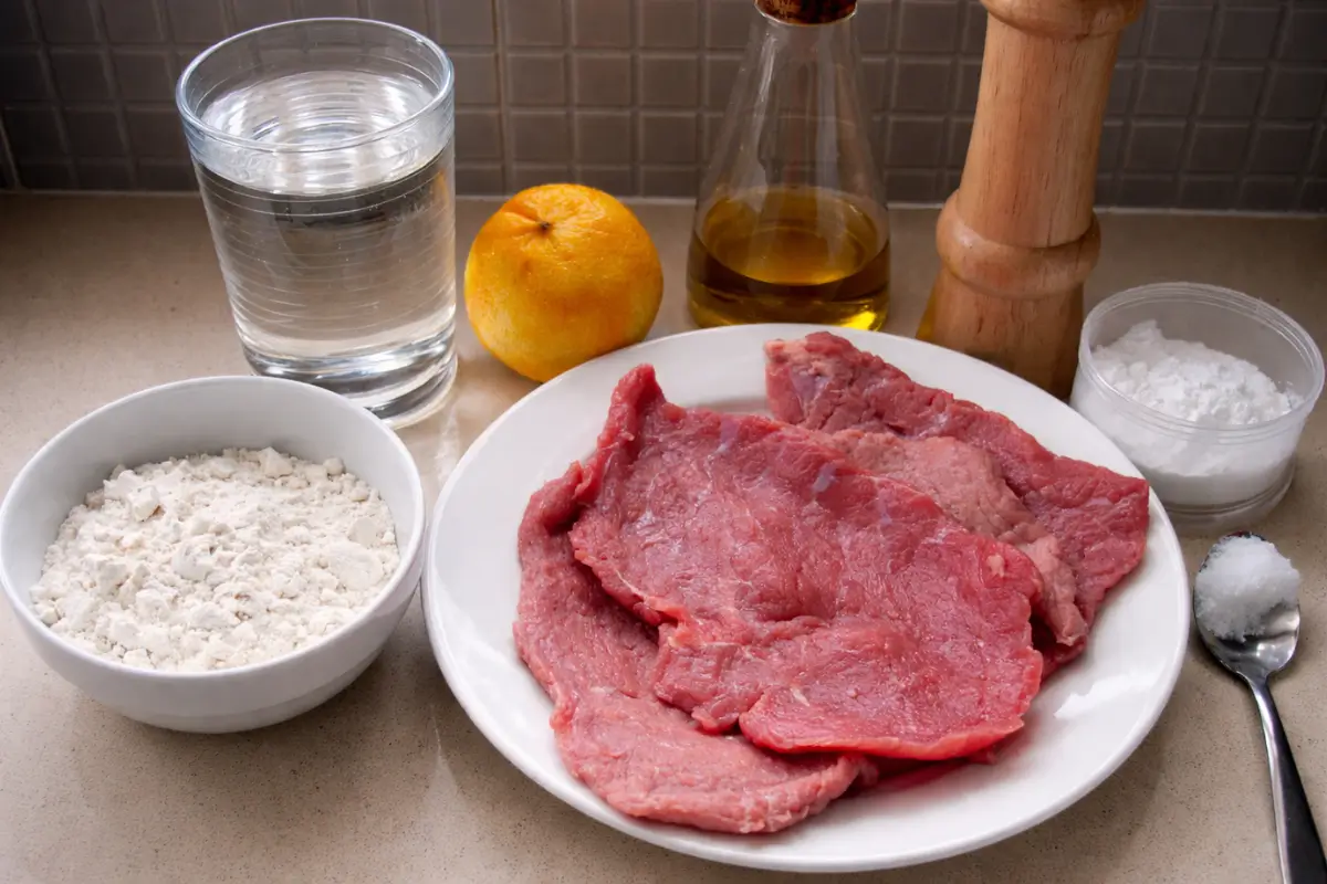 Ingredients for Scaloppine al Limone including veal, flour, lemon, olive oil, corn starch, salt, and water.