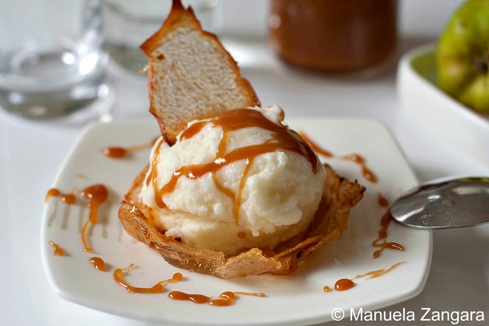Pear Ice Cream in Pear Wafer Baskets with Salted Caramel Sauce