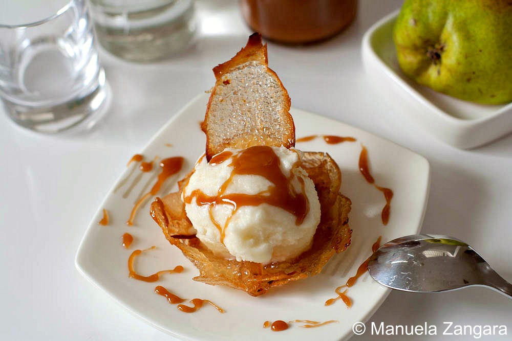 Pear Ice Cream in Pear Wafer Basket with Salted Caramel Sauce