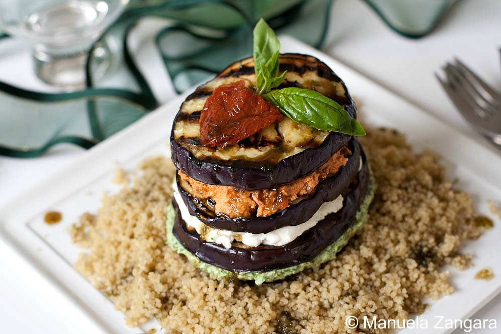 Eggplant & Tri-colour Goat Cheese Mille-feuille on Couscous