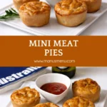 Golden mini meat pies served with ketchup on a plate.