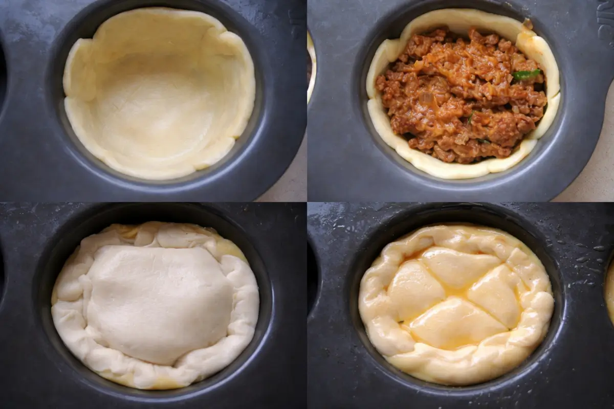Shortcrust pastry pressed into a muffin tin, filled with beef mixture, topped with pastry, and brushed with egg before baking.