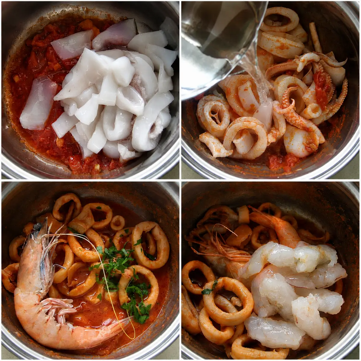 Calamari cooking in tomato sauce with white wine, parsley, and prawns in a stainless steel pot.