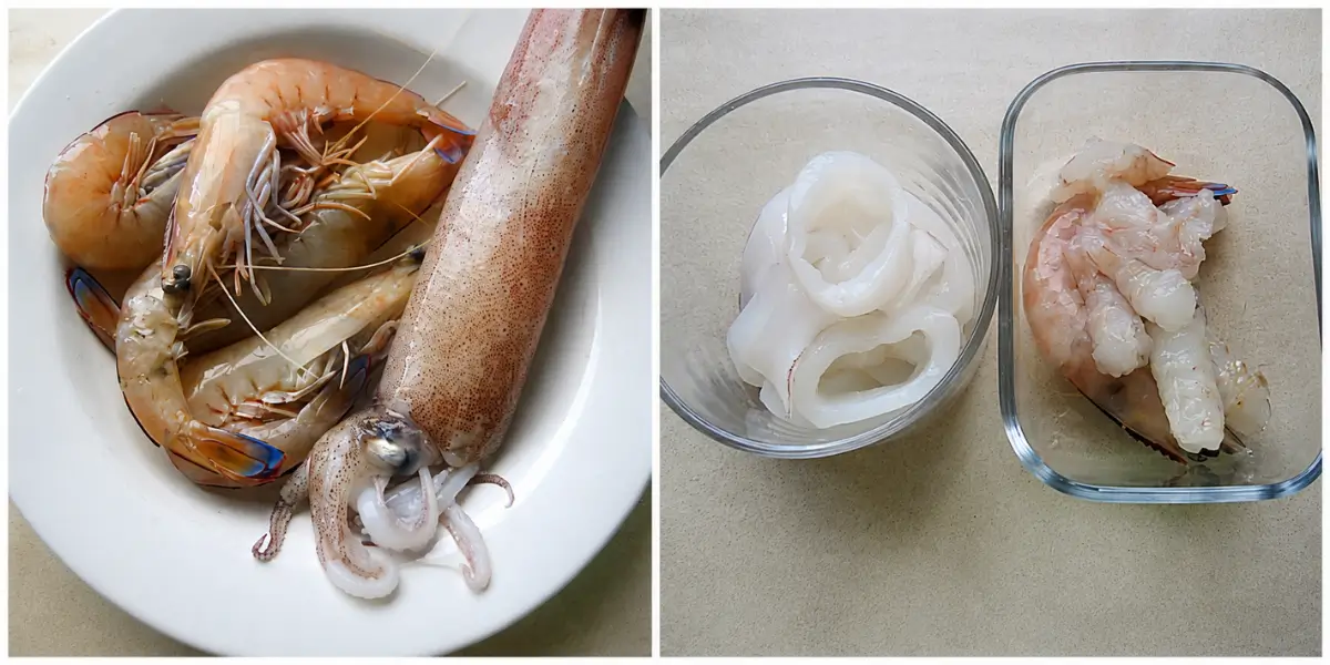 Whole prawns, calamari, and cleaned seafood prepared in bowls for Risotto alla Marinara.