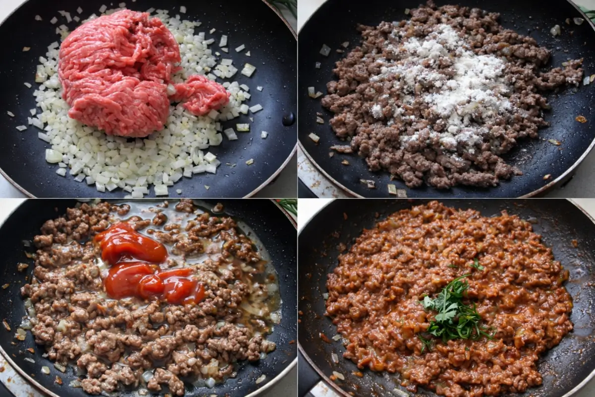 Minced beef and onion cooking in a pan, followed by flour, sauces, and parsley to create a thick savoury filling.