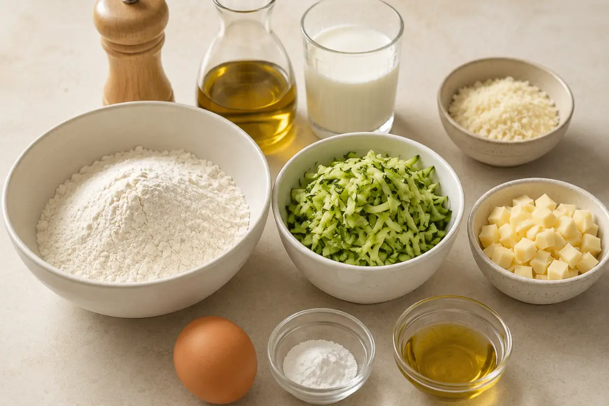 Flour, grated zucchini, cheeses, milk, olive oil, egg and seasonings arranged for zucchini muffins.