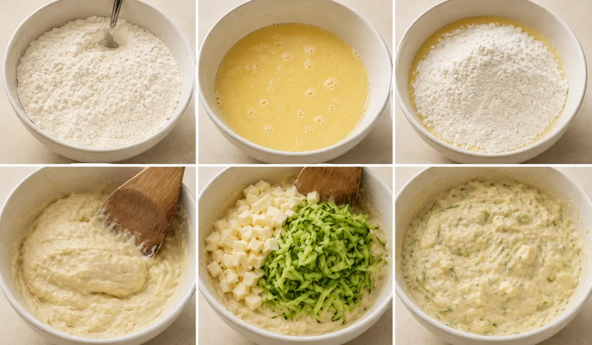 Muffin batter mixed with grated zucchini and cubed provolone.