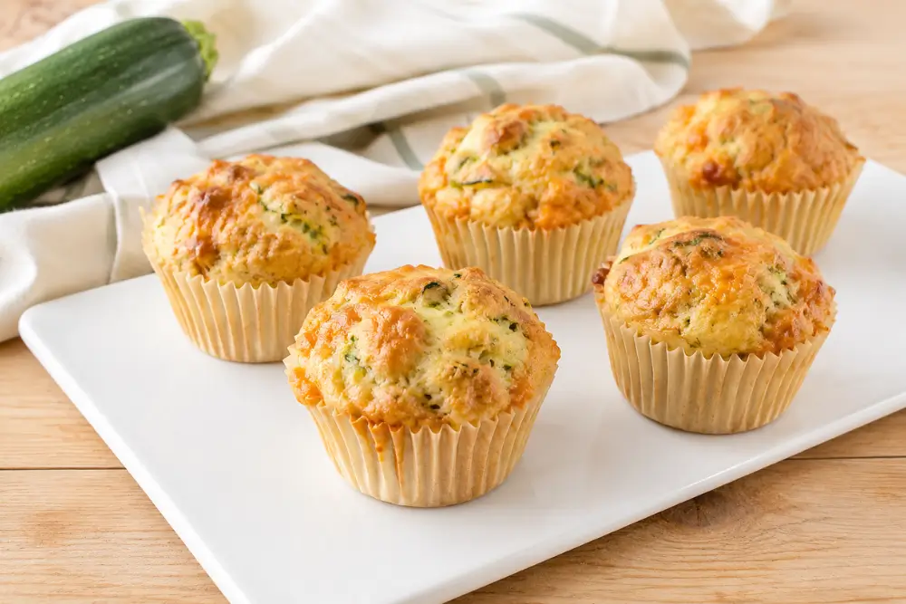 Finished Savoury Zucchini Muffins served on a white platter with fresh zucchini nearby.