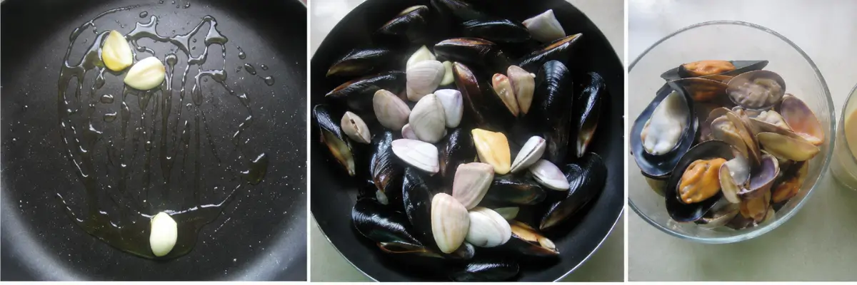 Mussels and vongole cooking with garlic and olive oil in a black pan beside cooked shellfish in a glass bowl.