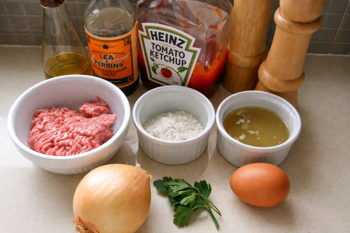 Prepared meat filling and pastry sheets on the counter.