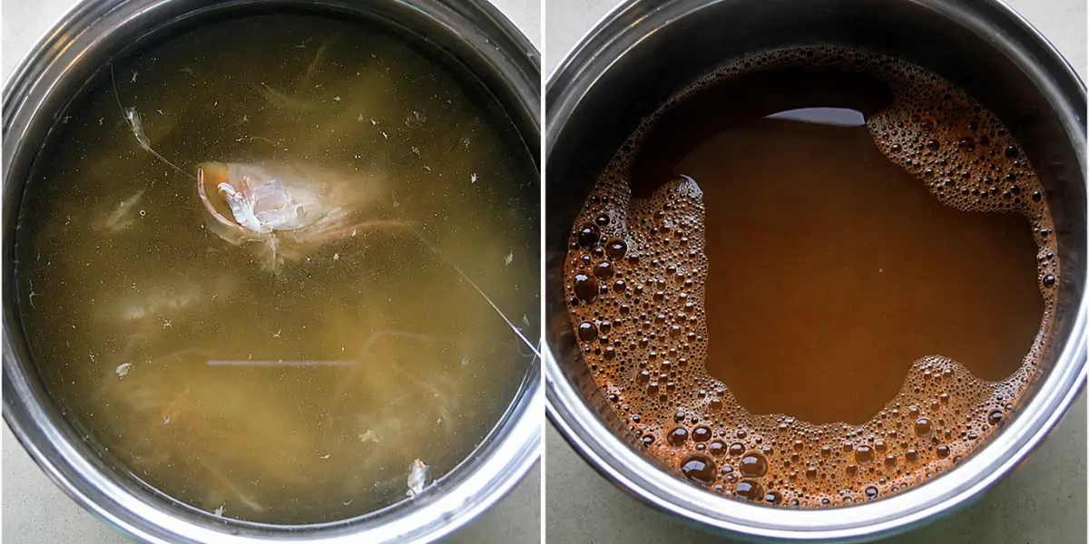 Prawn scraps simmering in water beside strained seafood broth for Risotto alla Marinara.