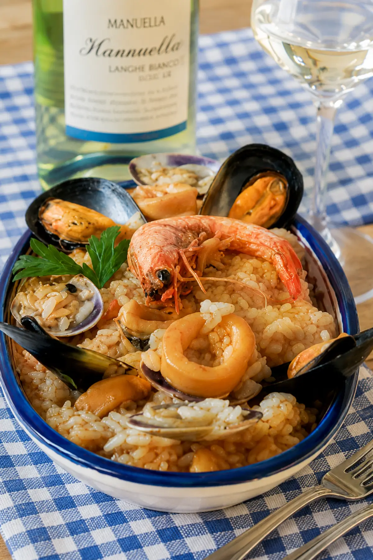 Risotto alla Marinara served in a blue bowl with prawns, mussels, clams, calamari, and white wine beside the plate.