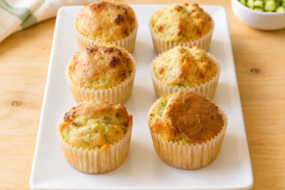 Six golden zucchini muffins in paper liners arranged on a white rectangular platter.