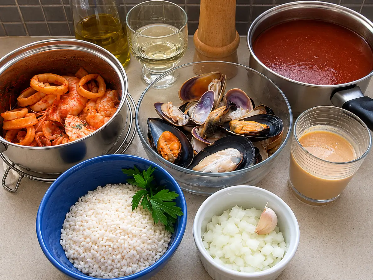 Ingredients for Risotto alla Marinara arranged on a kitchen counter with seafood, rice, tomato sauce, and white wine.