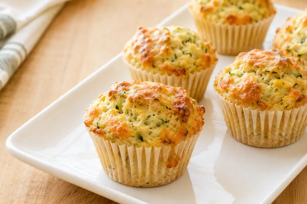 Zucchini muffins with golden melted cheese and green zucchini throughout the tops.