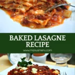 Slice of baked lasagne on a white plate.