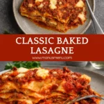 Baked lasagne with layers of pasta, meat sauce and melted cheese served on a plate.