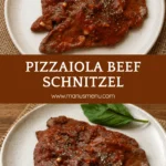 Pizzaiola Beef Schnitzel served with tomato sauce and dried oregano.