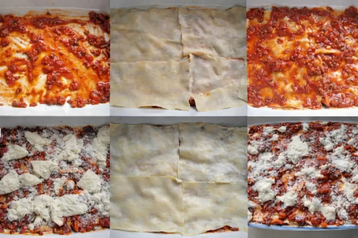 Post196 Layers of pasta sheets, meat sauce, and cheese being built in a baking dish.