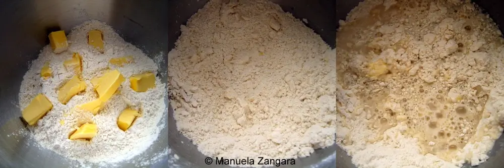 Butter added to the flour and the mixture starting to hydrate with water.